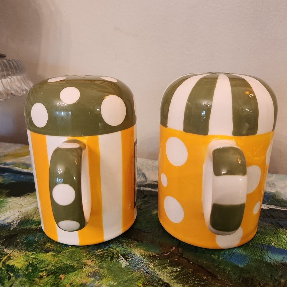 T. Cabells Too Southern Salt & Pepper Shaker Set Ceramic Polka Dot Stripe - Picture 4 of 8